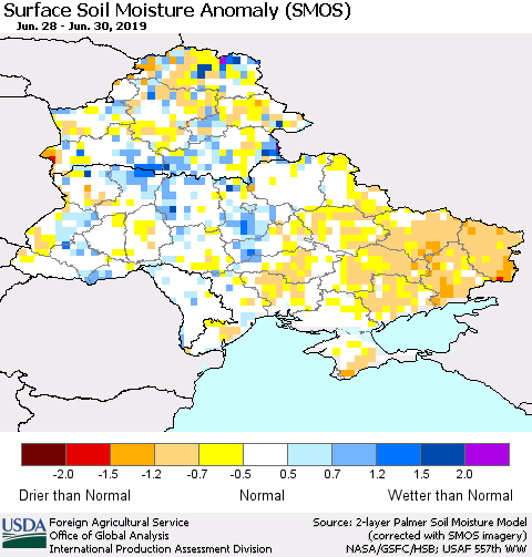 Ukraine, Moldova and Belarus Surface Soil Moisture Anomaly (SMOS) Thematic Map For 6/24/2019 - 6/30/2019
