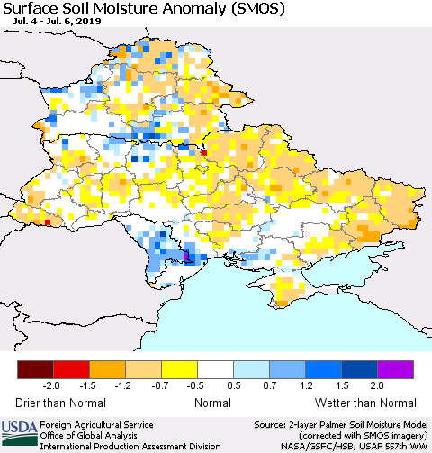Ukraine, Moldova and Belarus Surface Soil Moisture Anomaly (SMOS) Thematic Map For 7/1/2019 - 7/7/2019