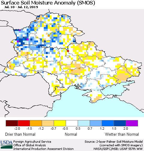 Ukraine, Moldova and Belarus Surface Soil Moisture Anomaly (SMOS) Thematic Map For 7/8/2019 - 7/14/2019
