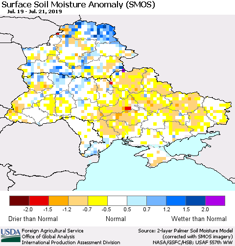 Ukraine, Moldova and Belarus Surface Soil Moisture Anomaly (SMOS) Thematic Map For 7/15/2019 - 7/21/2019