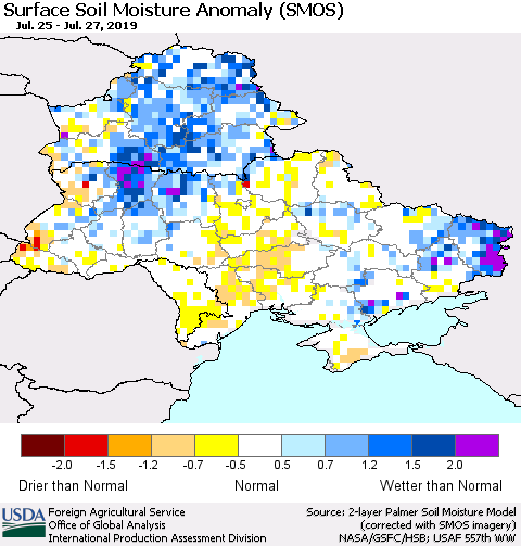 Ukraine, Moldova and Belarus Surface Soil Moisture Anomaly (SMOS) Thematic Map For 7/22/2019 - 7/28/2019