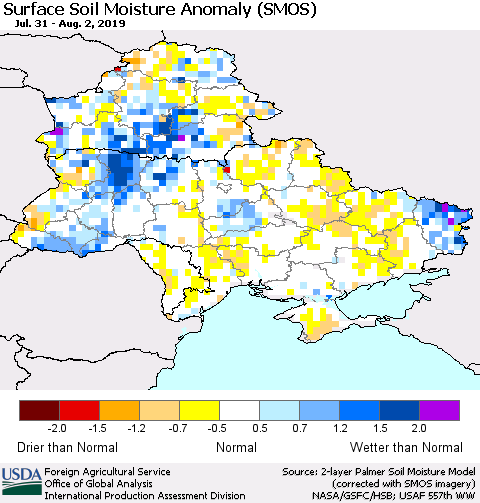 Ukraine, Moldova and Belarus Surface Soil Moisture Anomaly (SMOS) Thematic Map For 7/29/2019 - 8/4/2019