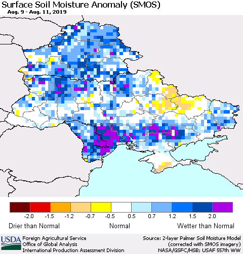 Ukraine, Moldova and Belarus Surface Soil Moisture Anomaly (SMOS) Thematic Map For 8/5/2019 - 8/11/2019