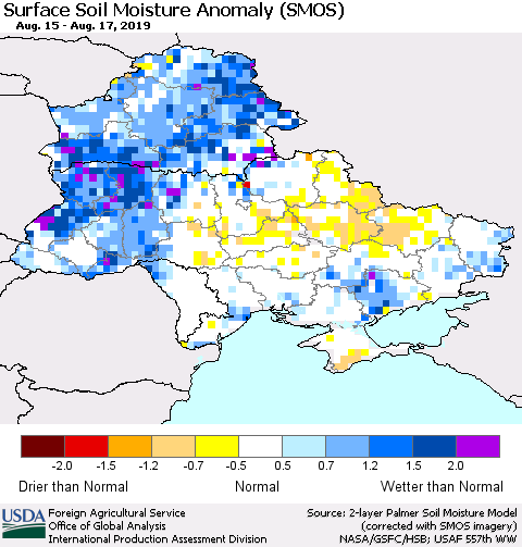 Ukraine, Moldova and Belarus Surface Soil Moisture Anomaly (SMOS) Thematic Map For 8/12/2019 - 8/18/2019