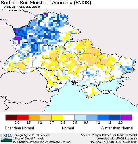 Ukraine, Moldova and Belarus Surface Soil Moisture Anomaly (SMOS) Thematic Map For 8/19/2019 - 8/25/2019