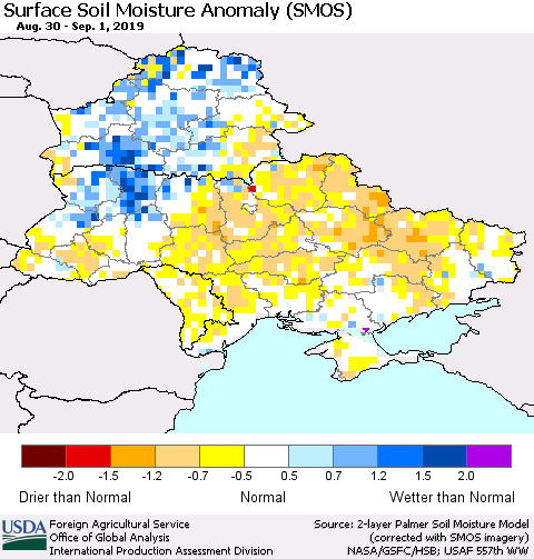 Ukraine, Moldova and Belarus Surface Soil Moisture Anomaly (SMOS) Thematic Map For 8/26/2019 - 9/1/2019