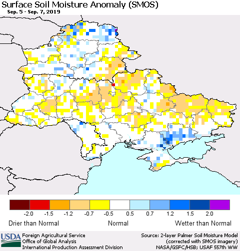 Ukraine, Moldova and Belarus Surface Soil Moisture Anomaly (SMOS) Thematic Map For 9/2/2019 - 9/8/2019
