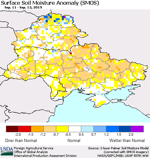Ukraine, Moldova and Belarus Surface Soil Moisture Anomaly (SMOS) Thematic Map For 9/9/2019 - 9/15/2019
