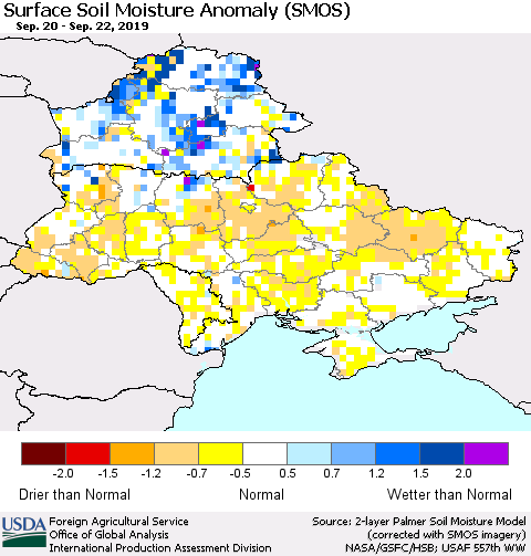 Ukraine, Moldova and Belarus Surface Soil Moisture Anomaly (SMOS) Thematic Map For 9/16/2019 - 9/22/2019