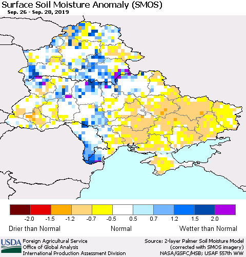 Ukraine, Moldova and Belarus Surface Soil Moisture Anomaly (SMOS) Thematic Map For 9/23/2019 - 9/29/2019