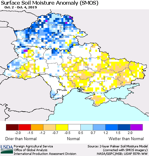 Ukraine, Moldova and Belarus Surface Soil Moisture Anomaly (SMOS) Thematic Map For 9/30/2019 - 10/6/2019