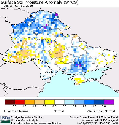Ukraine, Moldova and Belarus Surface Soil Moisture Anomaly (SMOS) Thematic Map For 10/7/2019 - 10/13/2019