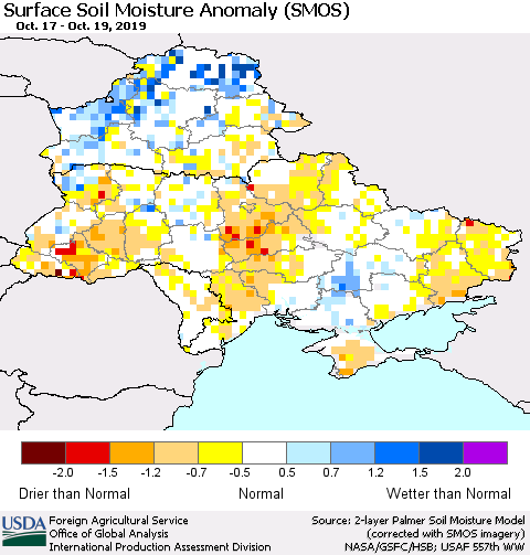 Ukraine, Moldova and Belarus Surface Soil Moisture Anomaly (SMOS) Thematic Map For 10/14/2019 - 10/20/2019