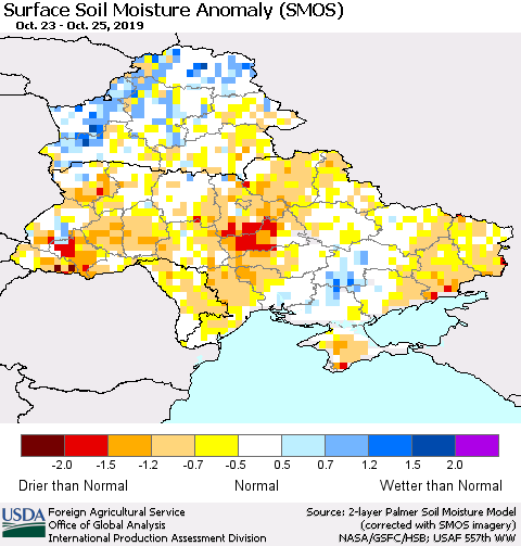 Ukraine, Moldova and Belarus Surface Soil Moisture Anomaly (SMOS) Thematic Map For 10/21/2019 - 10/27/2019