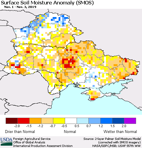 Ukraine, Moldova and Belarus Surface Soil Moisture Anomaly (SMOS) Thematic Map For 10/28/2019 - 11/3/2019