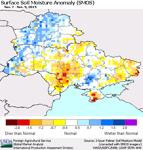Ukraine, Moldova and Belarus Surface Soil Moisture Anomaly (SMOS) Thematic Map For 11/4/2019 - 11/10/2019
