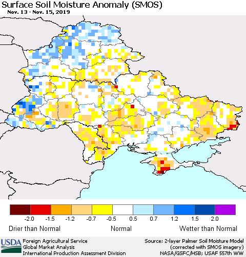 Ukraine, Moldova and Belarus Surface Soil Moisture Anomaly (SMOS) Thematic Map For 11/11/2019 - 11/17/2019