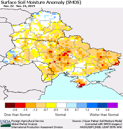 Ukraine, Moldova and Belarus Surface Soil Moisture Anomaly (SMOS) Thematic Map For 11/18/2019 - 11/24/2019