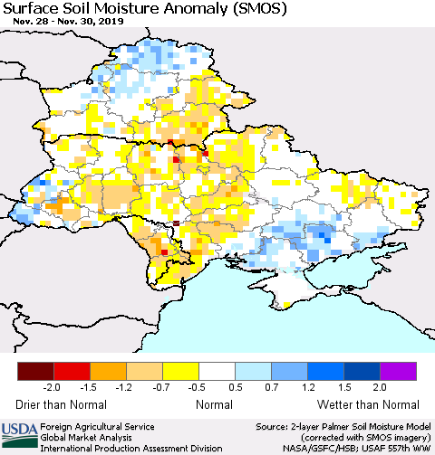 Ukraine, Moldova and Belarus Surface Soil Moisture Anomaly (SMOS) Thematic Map For 11/25/2019 - 12/1/2019