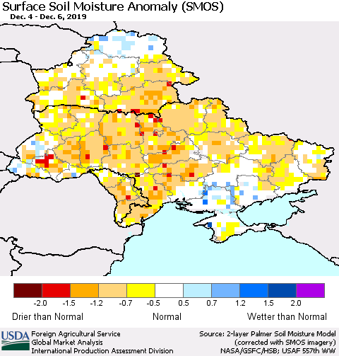 Ukraine, Moldova and Belarus Surface Soil Moisture Anomaly (SMOS) Thematic Map For 12/2/2019 - 12/8/2019