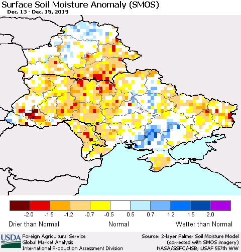 Ukraine, Moldova and Belarus Surface Soil Moisture Anomaly (SMOS) Thematic Map For 12/9/2019 - 12/15/2019