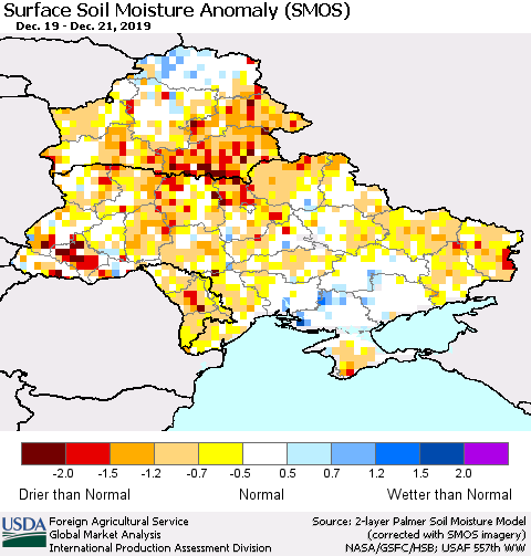 Ukraine, Moldova and Belarus Surface Soil Moisture Anomaly (SMOS) Thematic Map For 12/16/2019 - 12/22/2019