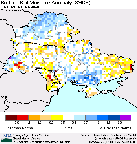 Ukraine, Moldova and Belarus Surface Soil Moisture Anomaly (SMOS) Thematic Map For 12/23/2019 - 12/29/2019