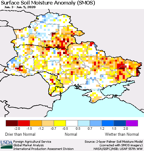 Ukraine, Moldova and Belarus Surface Soil Moisture Anomaly (SMOS) Thematic Map For 12/30/2019 - 1/5/2020