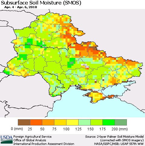 Ukraine, Moldova and Belarus Subsurface Soil Moisture (SMOS) Thematic Map For 4/2/2018 - 4/8/2018