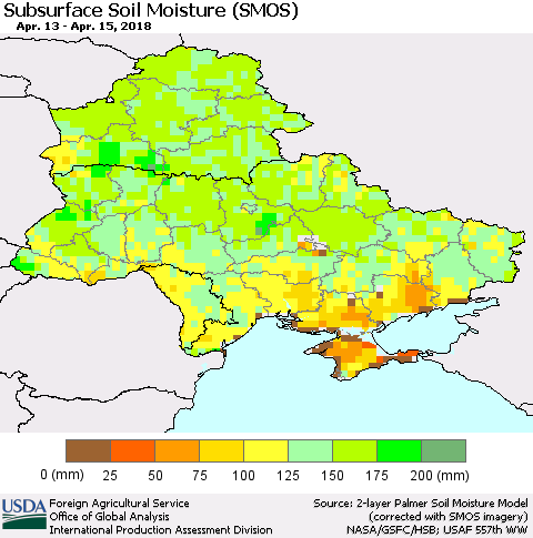 Ukraine, Moldova and Belarus Subsurface Soil Moisture (SMOS) Thematic Map For 4/9/2018 - 4/15/2018