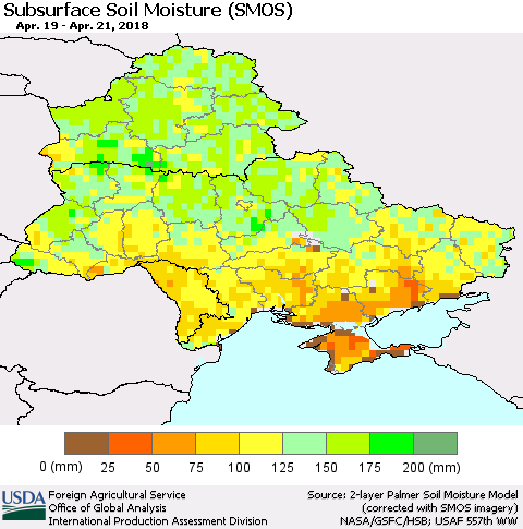 Ukraine, Moldova and Belarus Subsurface Soil Moisture (SMOS) Thematic Map For 4/16/2018 - 4/22/2018