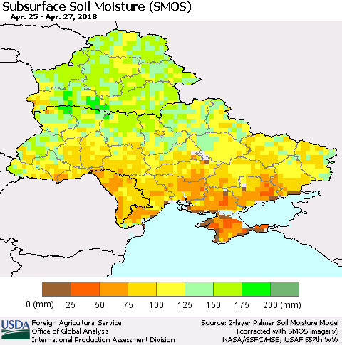 Ukraine, Moldova and Belarus Subsurface Soil Moisture (SMOS) Thematic Map For 4/23/2018 - 4/29/2018