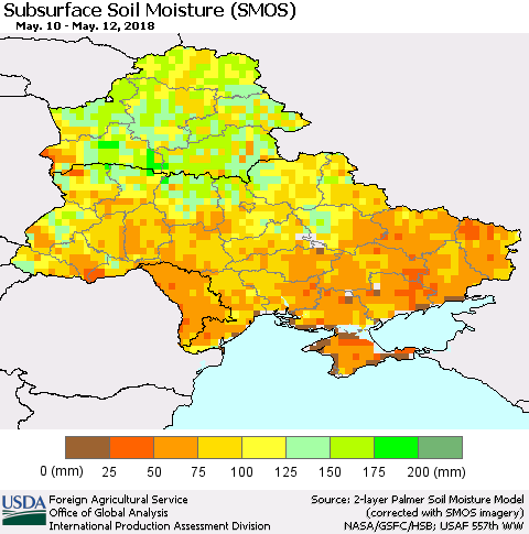 Ukraine, Moldova and Belarus Subsurface Soil Moisture (SMOS) Thematic Map For 5/7/2018 - 5/13/2018
