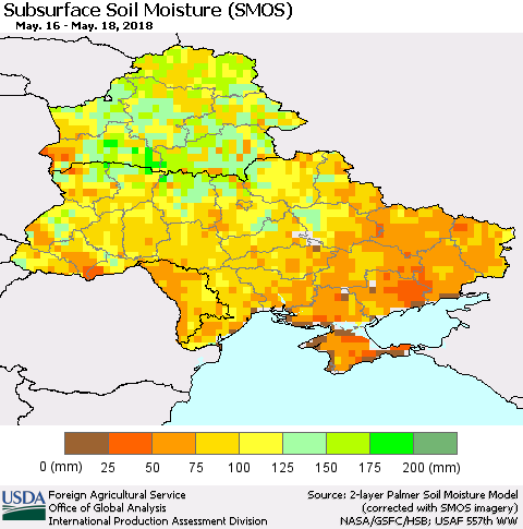 Ukraine, Moldova and Belarus Subsurface Soil Moisture (SMOS) Thematic Map For 5/14/2018 - 5/20/2018