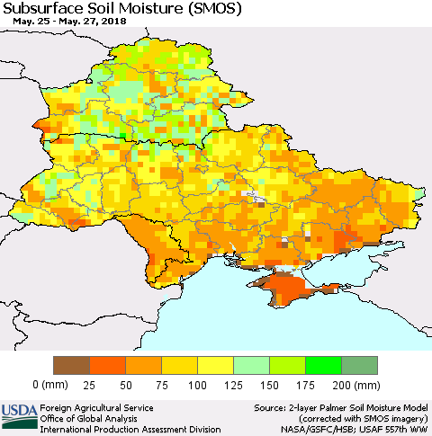 Ukraine, Moldova and Belarus Subsurface Soil Moisture (SMOS) Thematic Map For 5/21/2018 - 5/27/2018