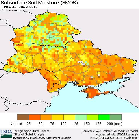 Ukraine, Moldova and Belarus Subsurface Soil Moisture (SMOS) Thematic Map For 5/28/2018 - 6/3/2018
