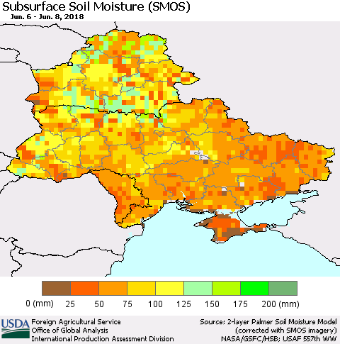 Ukraine, Moldova and Belarus Subsurface Soil Moisture (SMOS) Thematic Map For 6/4/2018 - 6/10/2018