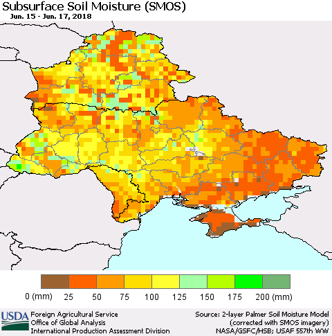Ukraine, Moldova and Belarus Subsurface Soil Moisture (SMOS) Thematic Map For 6/11/2018 - 6/17/2018