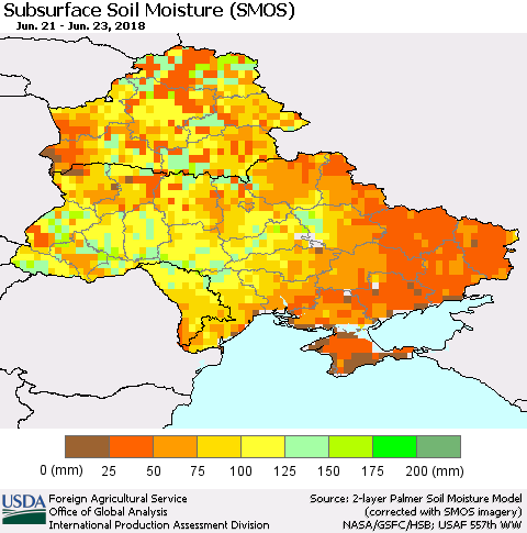 Ukraine, Moldova and Belarus Subsurface Soil Moisture (SMOS) Thematic Map For 6/18/2018 - 6/24/2018