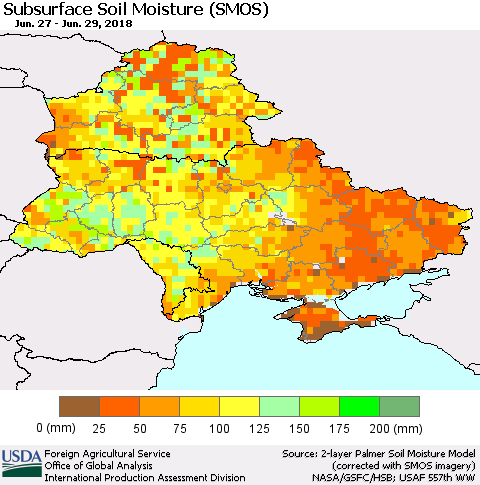 Ukraine, Moldova and Belarus Subsurface Soil Moisture (SMOS) Thematic Map For 6/25/2018 - 7/1/2018