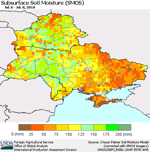 Ukraine, Moldova and Belarus Subsurface Soil Moisture (SMOS) Thematic Map For 7/2/2018 - 7/8/2018