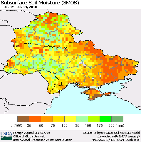 Ukraine, Moldova and Belarus Subsurface Soil Moisture (SMOS) Thematic Map For 7/9/2018 - 7/15/2018