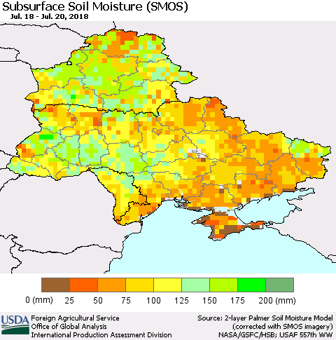 Ukraine, Moldova and Belarus Subsurface Soil Moisture (SMOS) Thematic Map For 7/16/2018 - 7/22/2018