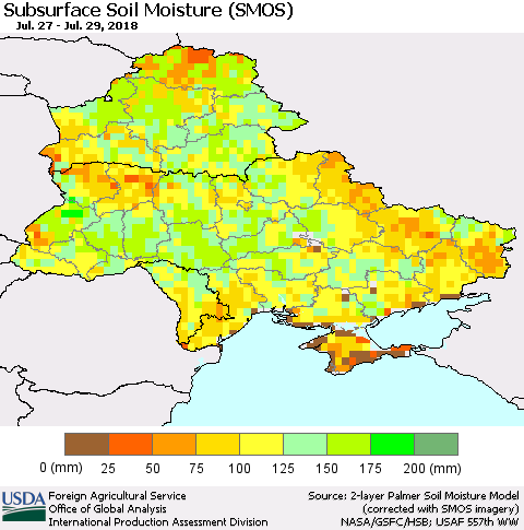 Ukraine, Moldova and Belarus Subsurface Soil Moisture (SMOS) Thematic Map For 7/23/2018 - 7/29/2018