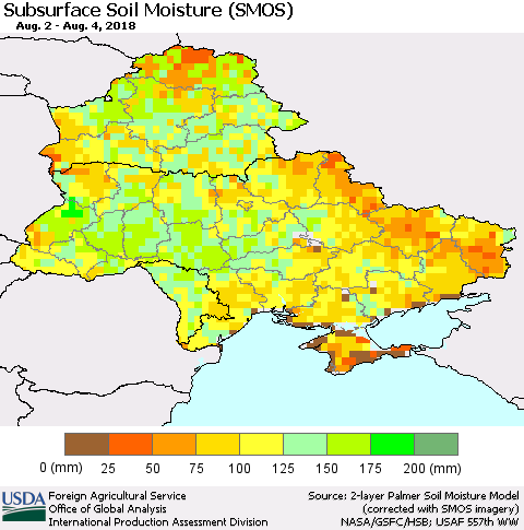 Ukraine, Moldova and Belarus Subsurface Soil Moisture (SMOS) Thematic Map For 7/30/2018 - 8/5/2018