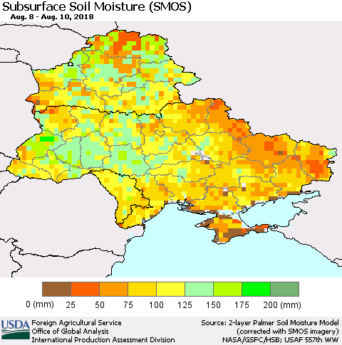 Ukraine, Moldova and Belarus Subsurface Soil Moisture (SMOS) Thematic Map For 8/6/2018 - 8/12/2018