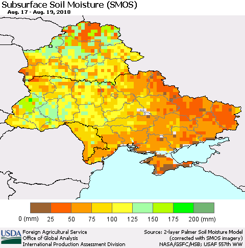 Ukraine, Moldova and Belarus Subsurface Soil Moisture (SMOS) Thematic Map For 8/13/2018 - 8/19/2018