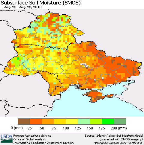 Ukraine, Moldova and Belarus Subsurface Soil Moisture (SMOS) Thematic Map For 8/20/2018 - 8/26/2018