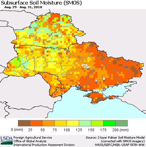 Ukraine, Moldova and Belarus Subsurface Soil Moisture (SMOS) Thematic Map For 8/27/2018 - 9/2/2018