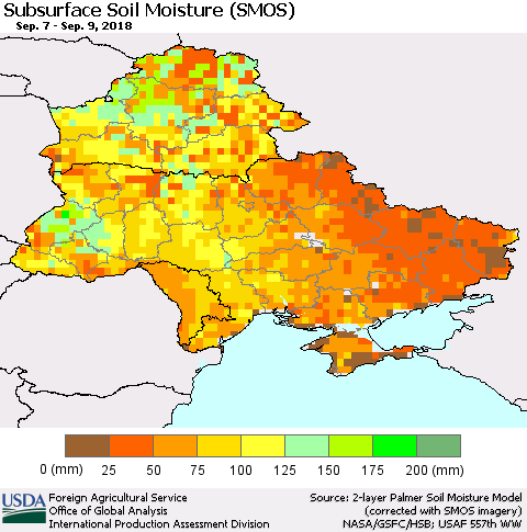 Ukraine, Moldova and Belarus Subsurface Soil Moisture (SMOS) Thematic Map For 9/3/2018 - 9/9/2018